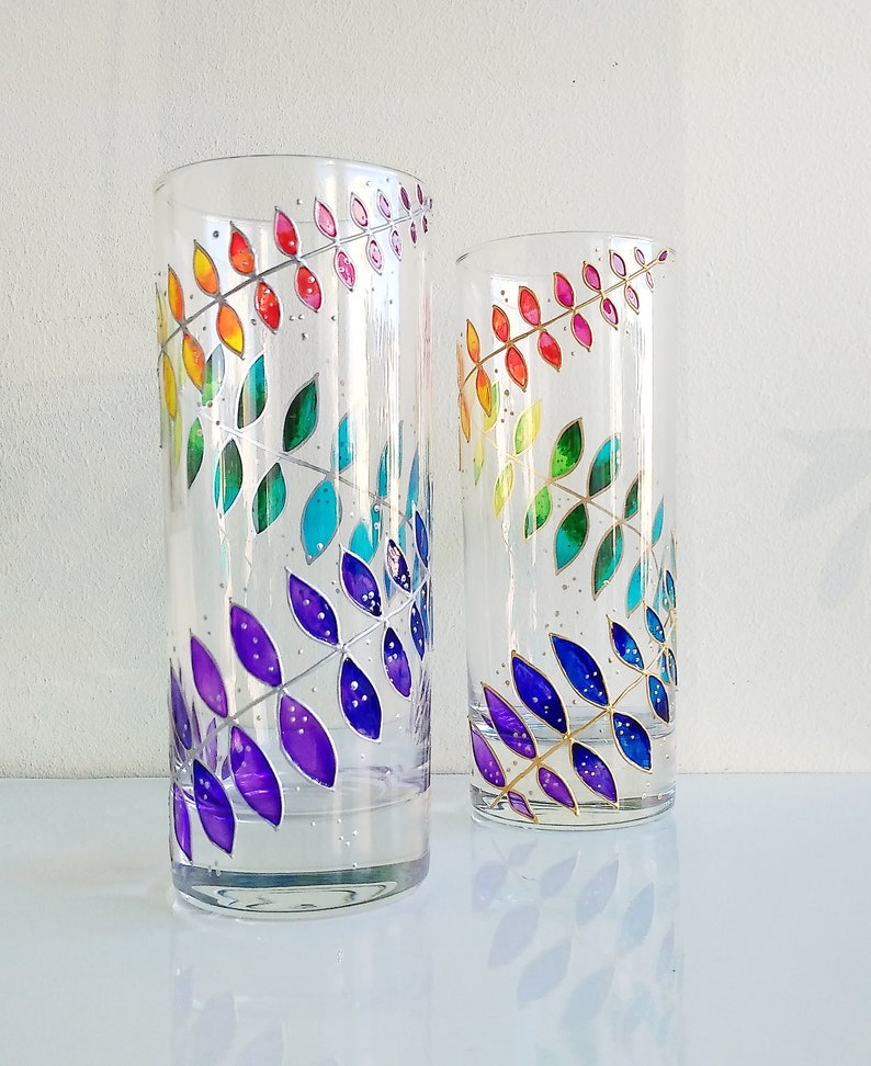 Rainbow drinking glasses set of 2, hand-painted floral couple water glasses, botanical glassware set image 3