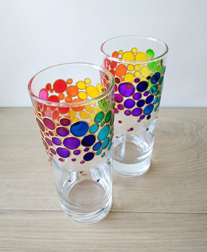 Rainbow drinking glasses set of 2 Couple colorful water glasses Painted
