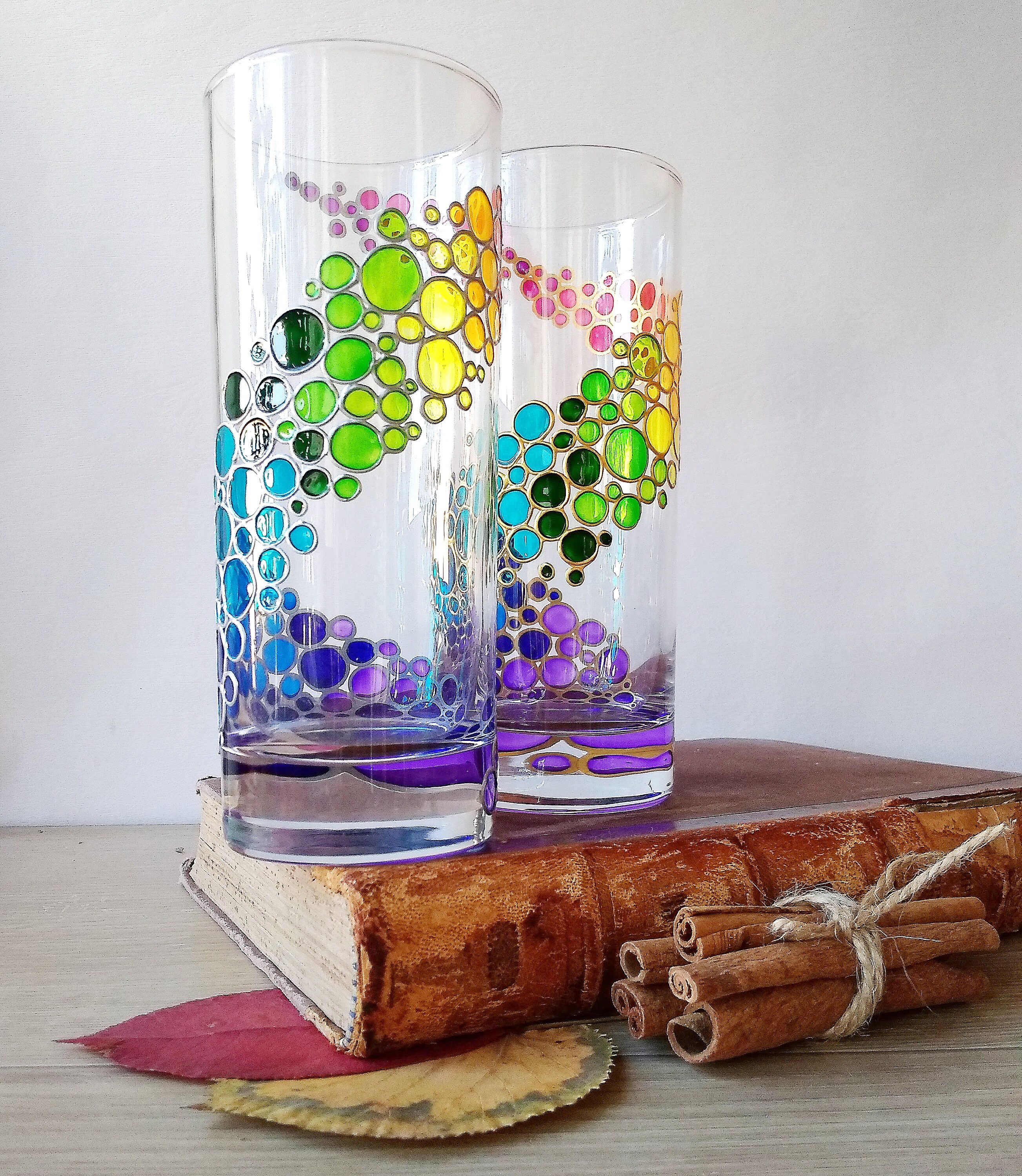 Rainbow Drinking Glasses Set of 2, Couple Colorful Hand Painted