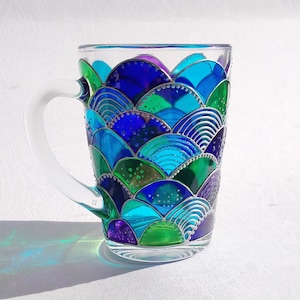 Mermaid blue green glass coffee mug, hand painted mermaid girl gift, Mermaid tail stuff image 5