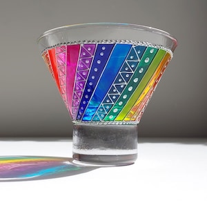 Rainbow swirl stemless martini glass, Hand-painted custom party cocktail glassware