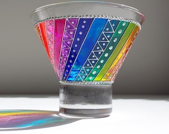 Rainbow swirl stemless martini glass, Hand-painted custom party cocktail glassware