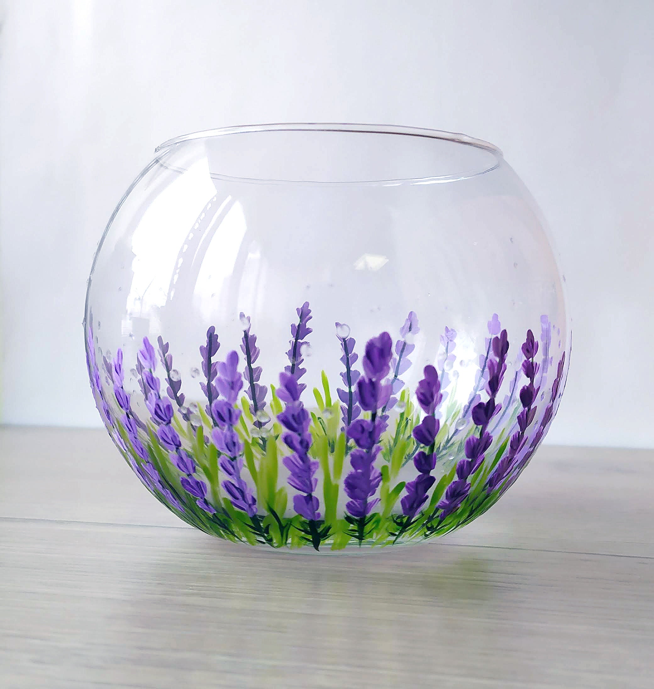 手描きのラベンダーガラス球型花瓶：プロヴァンス風ホーム