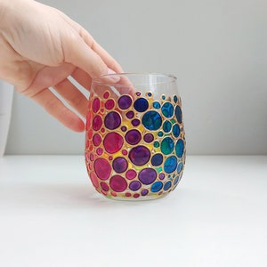 Stemless rainbow wine glass, custom hand painted wine glasses