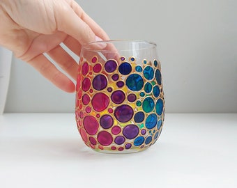 Stemless rainbow wine glass, custom hand painted wine glasses