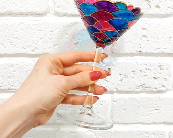 Mermaid martini glass, hand-painted cocktail glass, fish scale wine glass gift