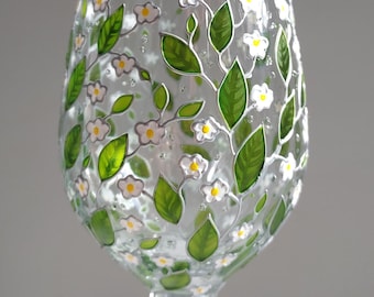Weiße Blumen Weinglas - Handbemalte Blumen Glaswaren