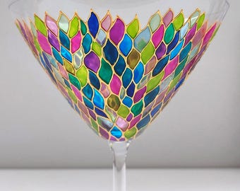 Mozaïek martiniglas, handgeschilderd wijnglascadeau, veelkleurig glaswerk