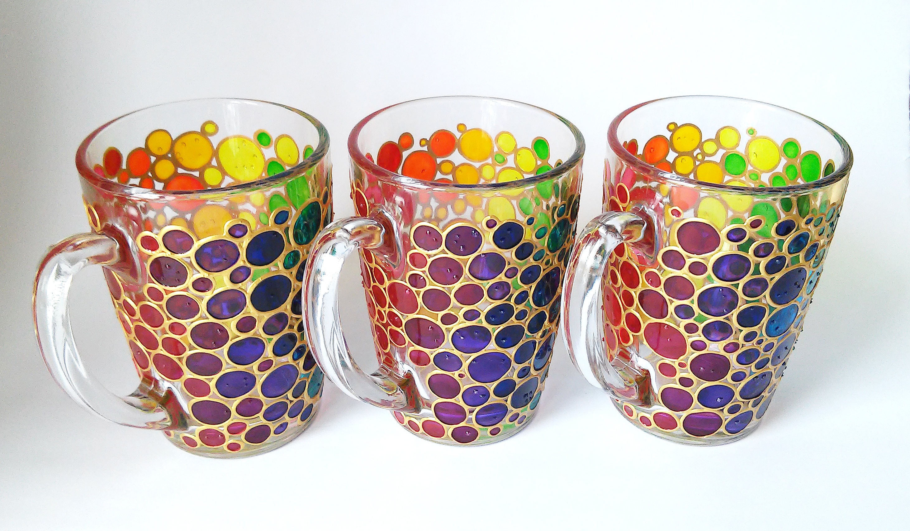 Rainbow Coffee Mug Gift, Colorful Hand Painted Glass Mug With Bubbles Design  
