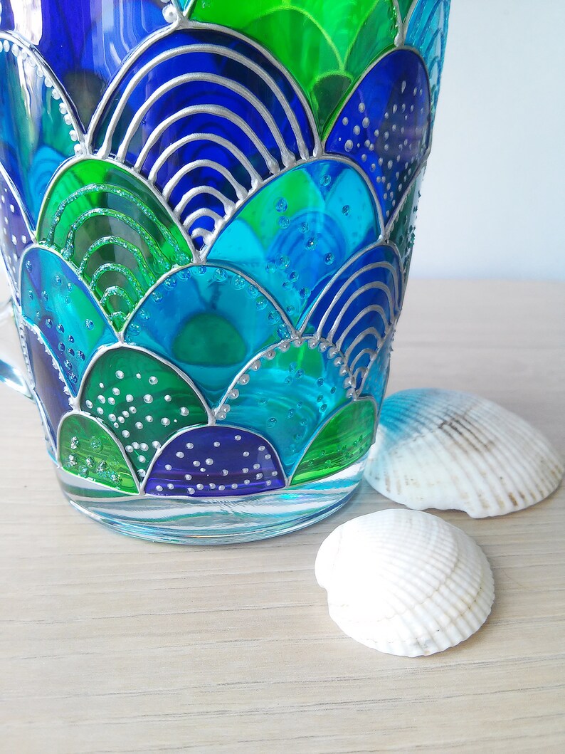 Mermaid blue green glass coffee mug, hand painted mermaid girl gift, Mermaid tail stuff image 4