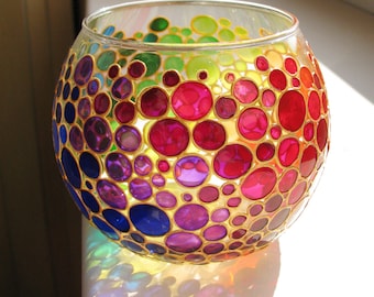 Rainbow glass candleholder, glass sphere vase with bubbles design, colorful tea light votive holder