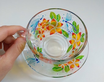 Hand-Painted Plumeria Tea Cup Set: Botanical Dragonfly Glassware