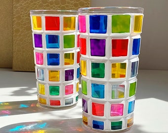 Rainbow Ribbed Drinking Glasses set, Painted colorful mosaic glass tumblers, Cocktail Glasses, water glasses gift set, Ice Coffee Glasses