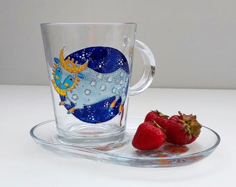 Ukrainian folk art coffee mug & saucer set, based on Maria Prymachenko's art, Hand painted glass Cow Coffee Mug, Ukrainian Cup gift