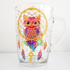 Colored owls glass mug, fantasy birds hand painted coffee cup for her