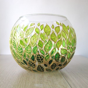 Floral glass planter pot, Sphere hand painted vase, gradient green leaves candle holder, modern succulent  tabletop planter