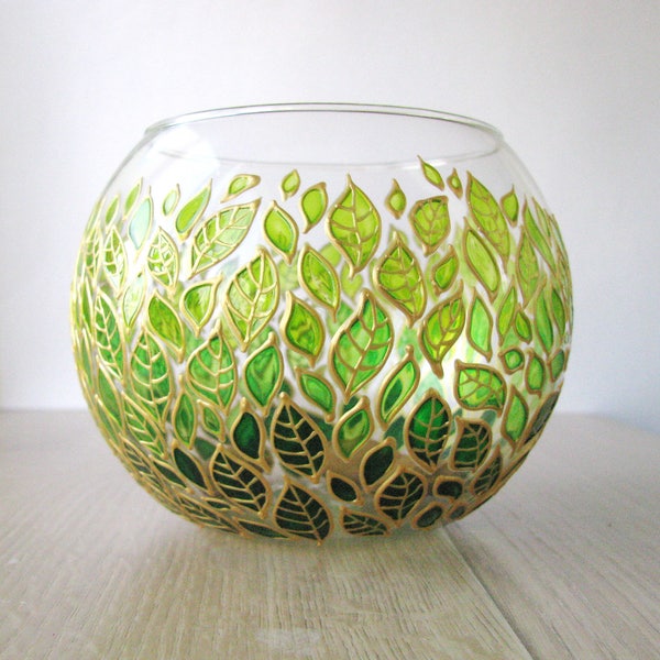 Floraler Übertopf aus Glas, handbemalte Vase der Kugel, Kerzenhalter mit Farbverlauf grüner Blätter, moderner Sukkulenten-Tischübertopf