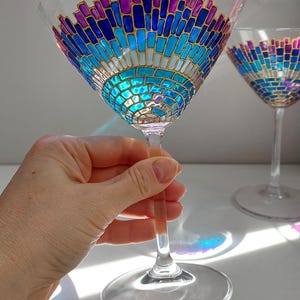 Martini Glass: Blue Sun Ray Hand-Painted Cocktail Glass