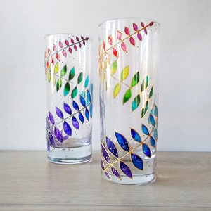 Rainbow drinking glasses set of 2, hand-painted floral couple water glasses, botanical glassware set image 9