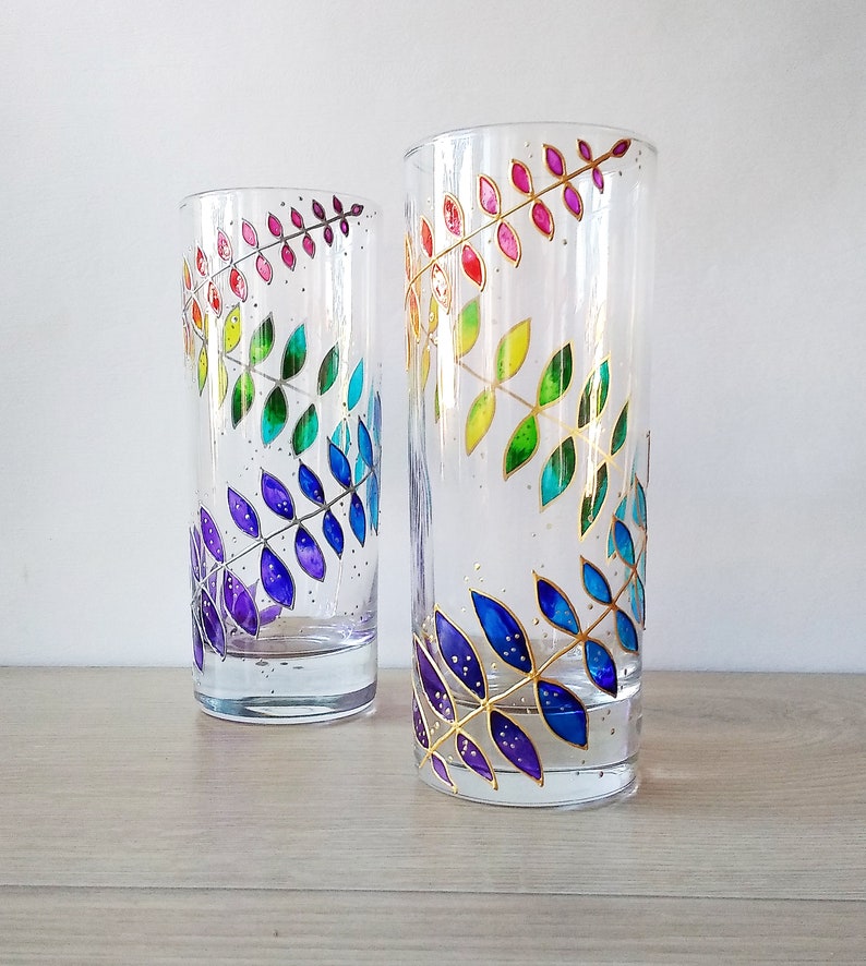 Rainbow drinking glasses set of 2, hand-painted floral couple water glasses, botanical glassware set image 9
