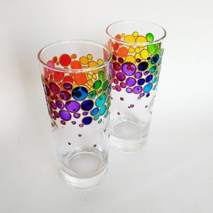 Rainbow drinking glasses set of 2, Couple colorful hand painted water glasses, glass tumblers with rainbow bubbles design