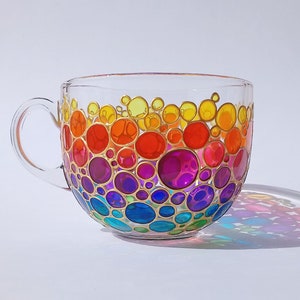 Rainbow mug, glass coffee cup, hand-painted bubbles glass cup