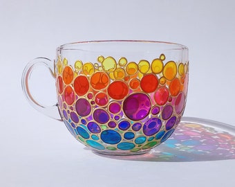 Big rainbow coffee mug, hand painted bubbles glass big cup