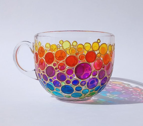 Rainbow Coffee Mug Gift, Colorful Hand Painted Glass Mug With Bubbles Design  