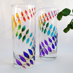 Rainbow drinking glasses set of 2, hand-painted floral couple water glasses, botanical glassware set image 1