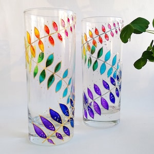 Rainbow drinking glasses set of 2, hand-painted floral couple water glasses, botanical glassware set