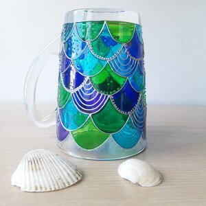 Mermaid blue green glass coffee mug, hand painted mermaid girl gift, Mermaid tail stuff image 9