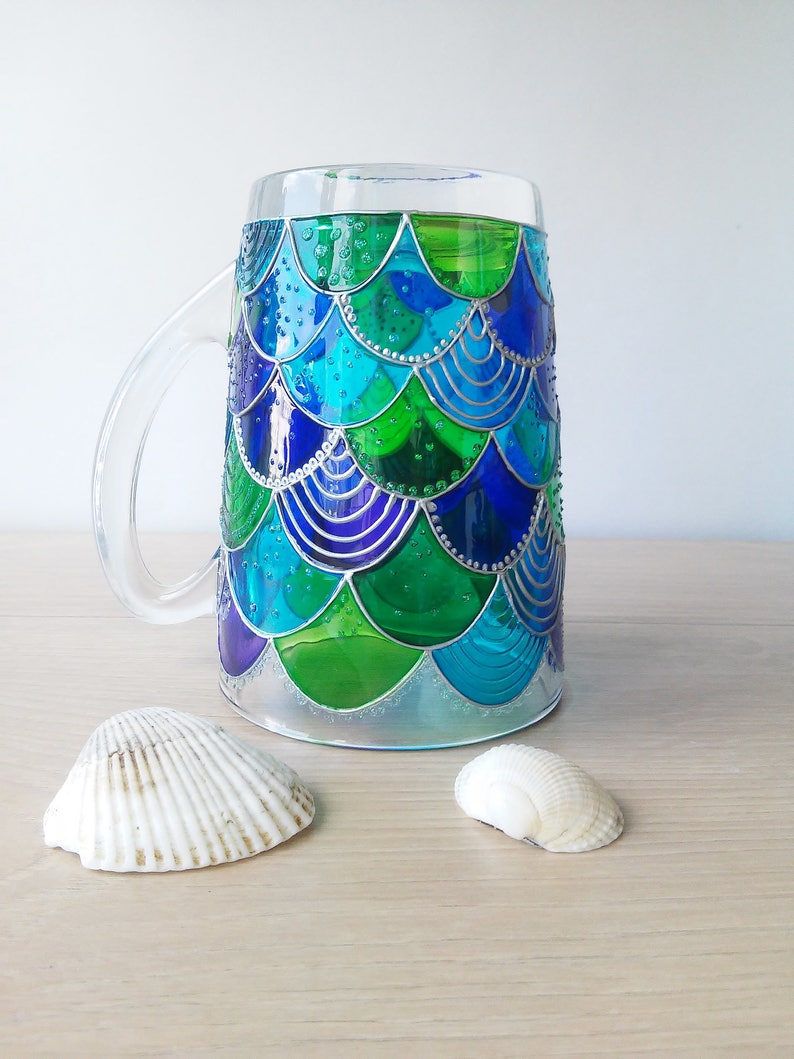 Mermaid blue green glass coffee mug, hand painted mermaid girl gift, Mermaid tail stuff image 9