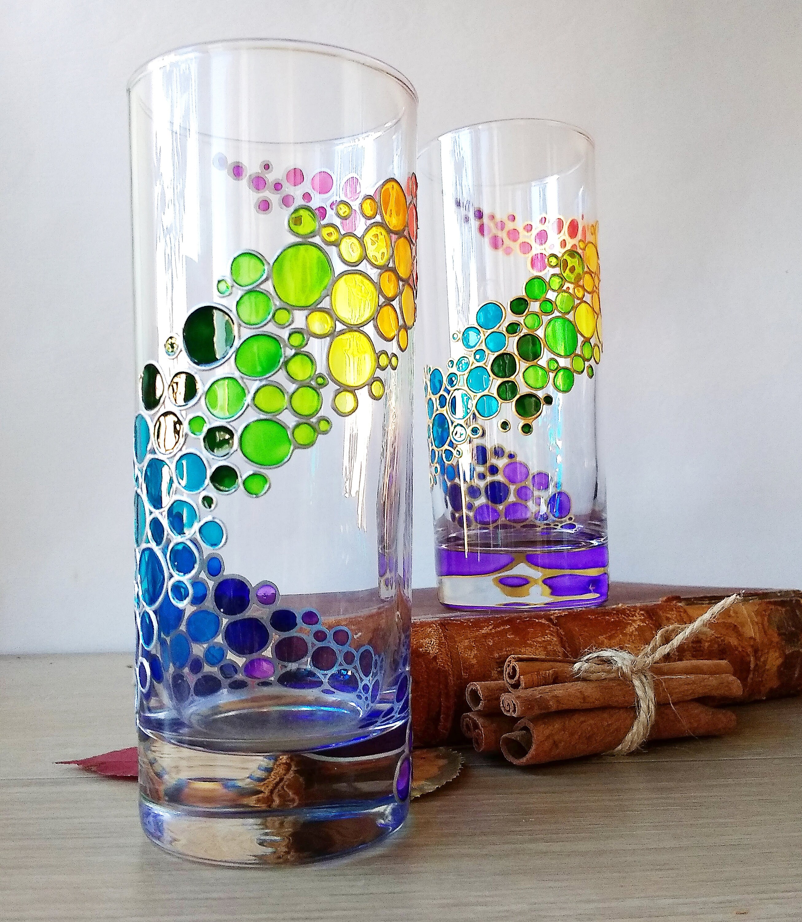 Rainbow Drinking Glasses Set of 2, Couple Colorful Hand Painted