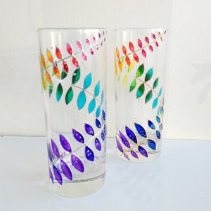 Rainbow drinking glasses set of 2, hand-painted floral couple water glasses, botanical glassware set image 4