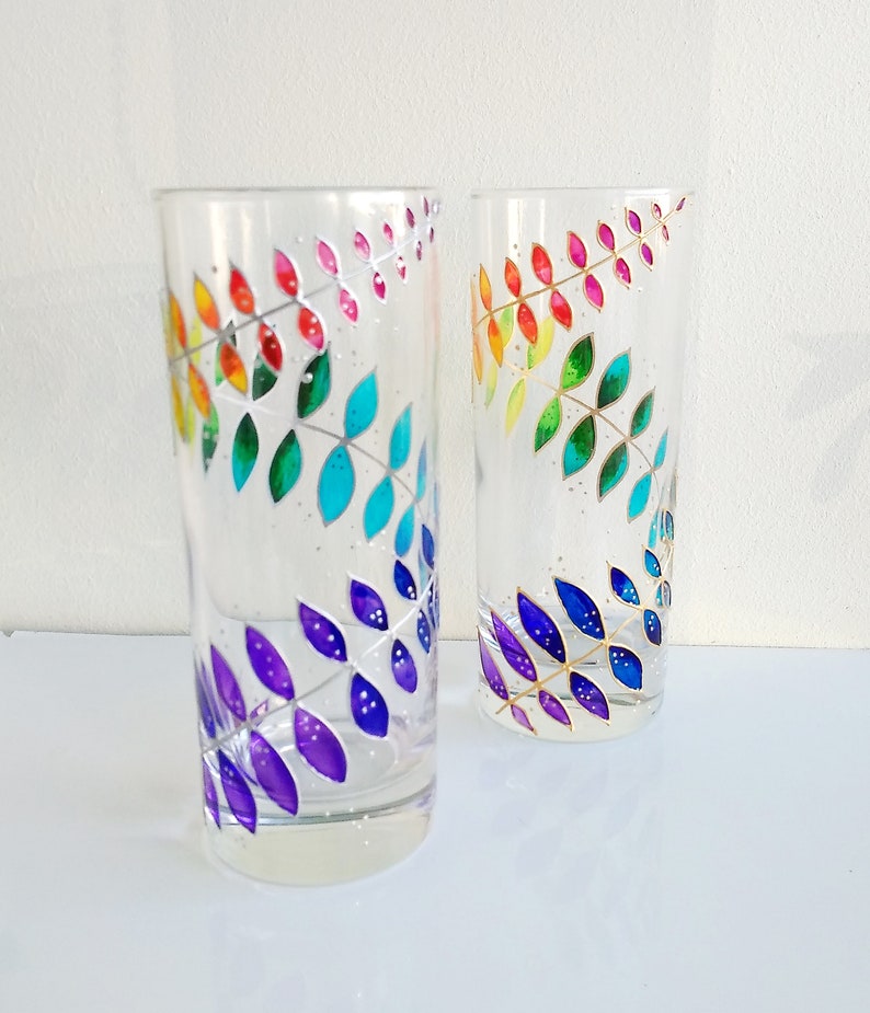 Rainbow drinking glasses set of 2, hand-painted floral couple water glasses, botanical glassware set image 4