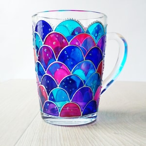 Mermaid blue pink glass coffee mug,  hand painted mermaid girl gift stuff