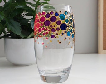 Rainbow drinking glass, colorful hand-painted water glass with rainbow bubbles design