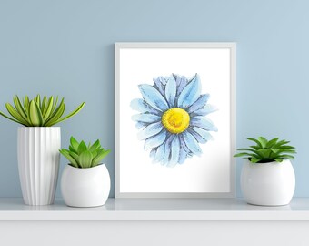 Watercolor blue & yellow flower printable wall art, instant download, flowers print, floral wall art, floral printable art