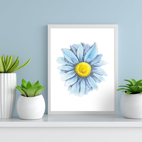 Watercolor blue & yellow flower printable wall art, instant download, flowers print, floral wall art, floral printable art