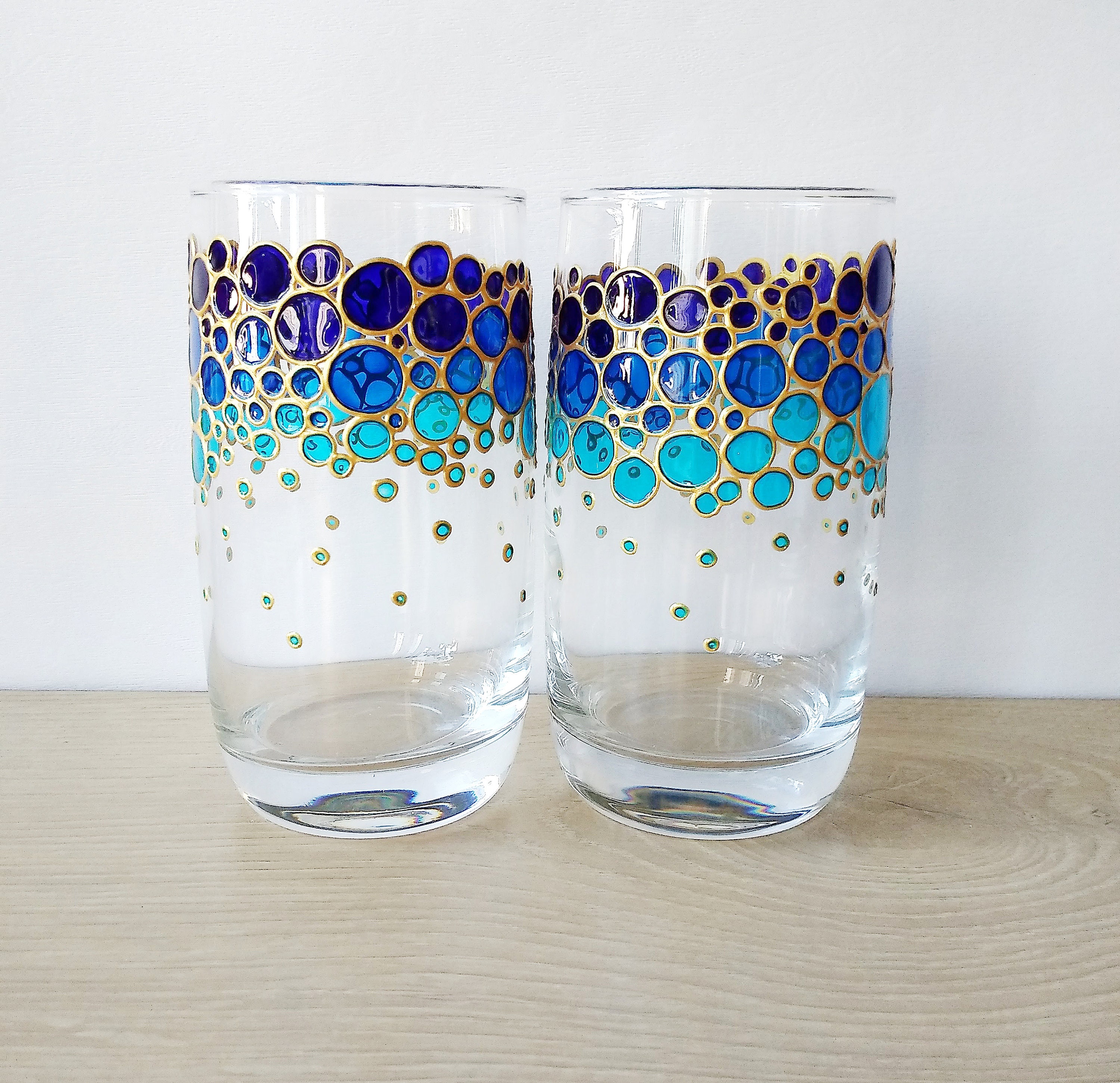 Blue Drinking Glasses Set for Couple, Painted Glass Tumblers, Water Glasses  Gift Set, Iced Tea Glasses 
