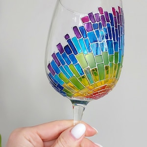 Rainbow wine glass, hand-painted  mosaic sun rays wine glass gift