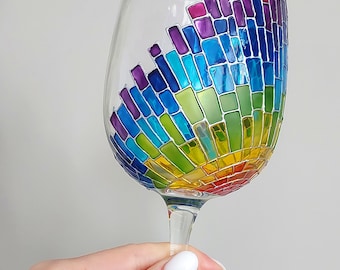 Rainbow wine glass, hand-painted  mosaic sun rays wine glass gift