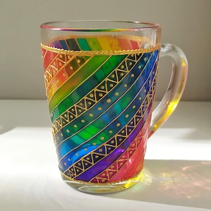 Rainbow coffee mug, stripes coffee cup, sun catcher mug, hand painted colorful glass mug