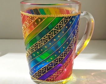 Rainbow coffee mug, stripes coffee cup, sun catcher mug, hand painted colorful glass mug