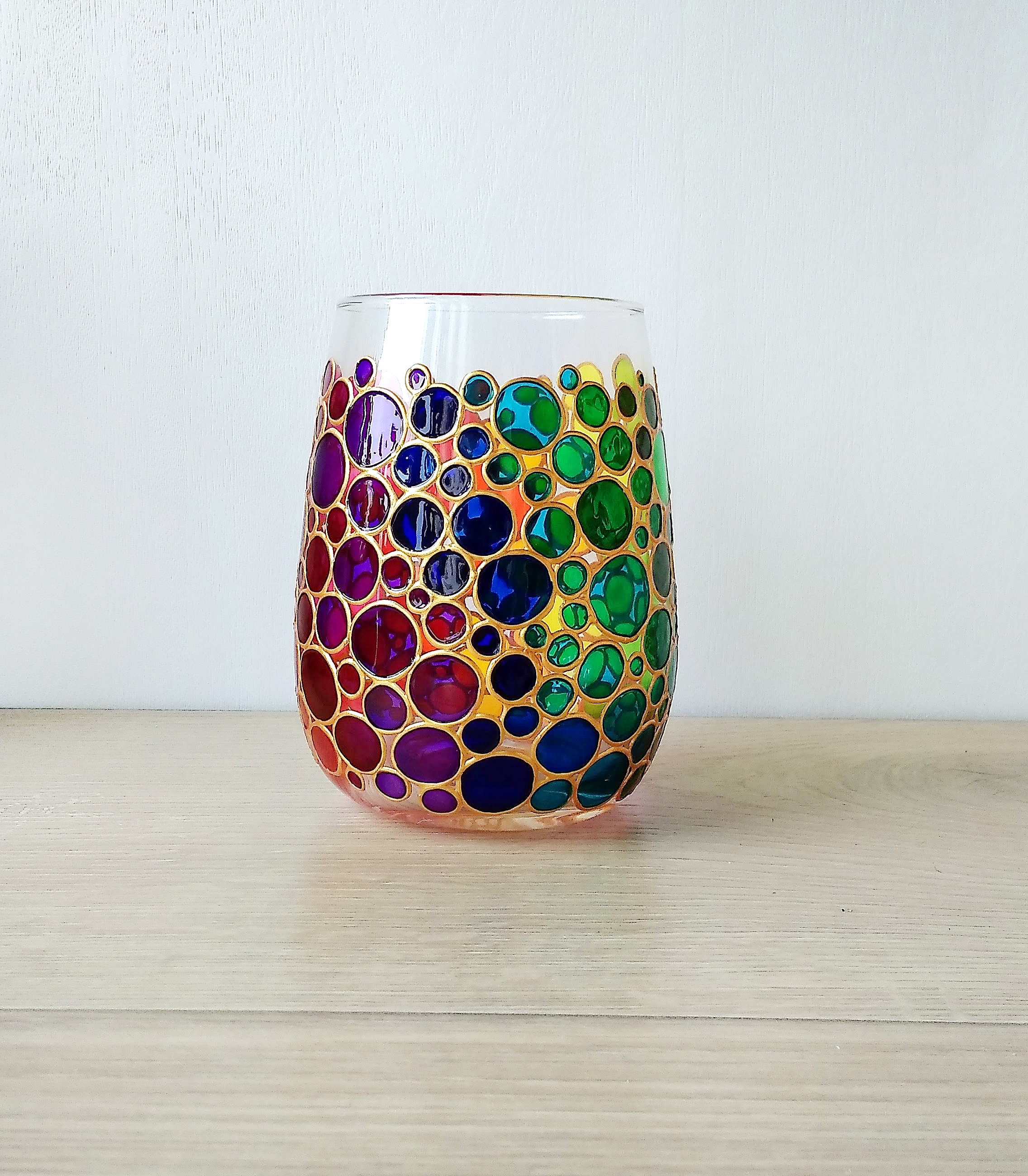 Stemless Rainbow Wine Glass Custom Hand Painted Wine Glasses Etsy UK