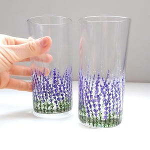 Lavender drinking glasses set of 2, Couple hand-painted straight water glasses, glass tumblers with flower design