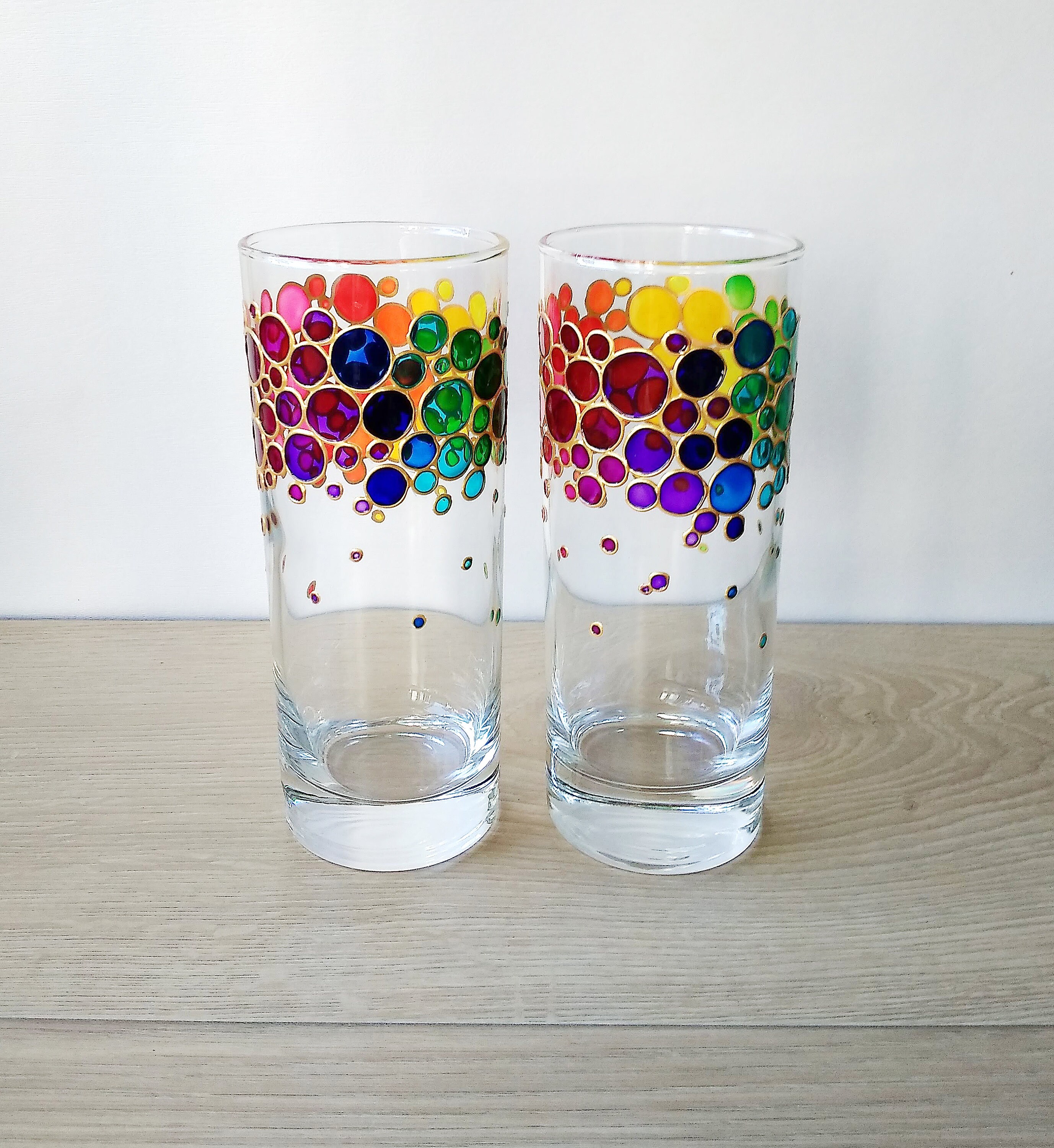 Rainbow Drinking Glasses Set of 2 Couple Glass Hand Painted Colored Tumblers  