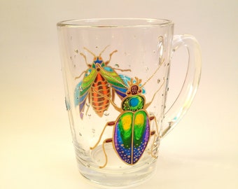 Insect coffee mug, Unique hand painted bugs and beetles glass mug