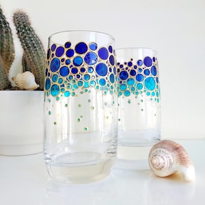 Blue drinking glasses set for couple, painted glass tumblers, water glasses gift set, iced tea glasses