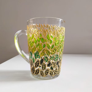 Green leaves glass coffee mug, hand painted nature lover gift mug